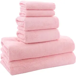 MOONQUEEN Ultra Soft Towel Set - Quick Drying - 2 Bath Towels 2 Hand Towels 2 Washcloths - Microfiber Coral Velvet Highly Absorbent Towel for Fitness, Bathroom, Sports, Yoga, Travel (Pink, 6 Pcs) MOONQUEEN