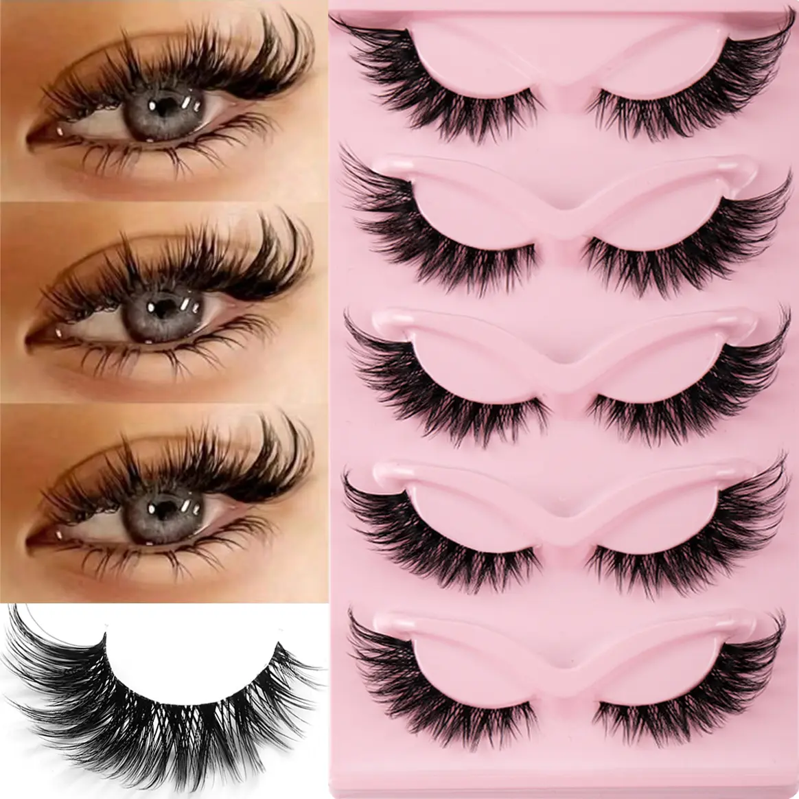 Cat Eye False Eyelashes, 5 Pairs Wispy Cat Eye Look Faux Cluster Lashes, Natural Curling Eye Makeup Strip Lashes, Full Volume Eyelash for Lashes Exten