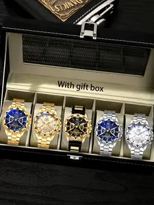 6-piece Business Men's Watch Set: Blue Light Large Dial, Silicone Strap, Analog Watches, Quartz Watch Wristwatch Set