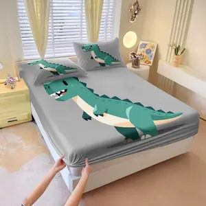 3Pcs Fitted Sheet Set, Cute Cartoon T-Rex Dinosaur Print with Neon Cyber Geometric Elements, Various Kawaii Styles, Soft Microfiber Material, Deep Pocket Design, Wrinkle & Fade Resistant Bedding Set, Ideal for Kids, Boys, Girls Bedroom, Toddler Room, Teen