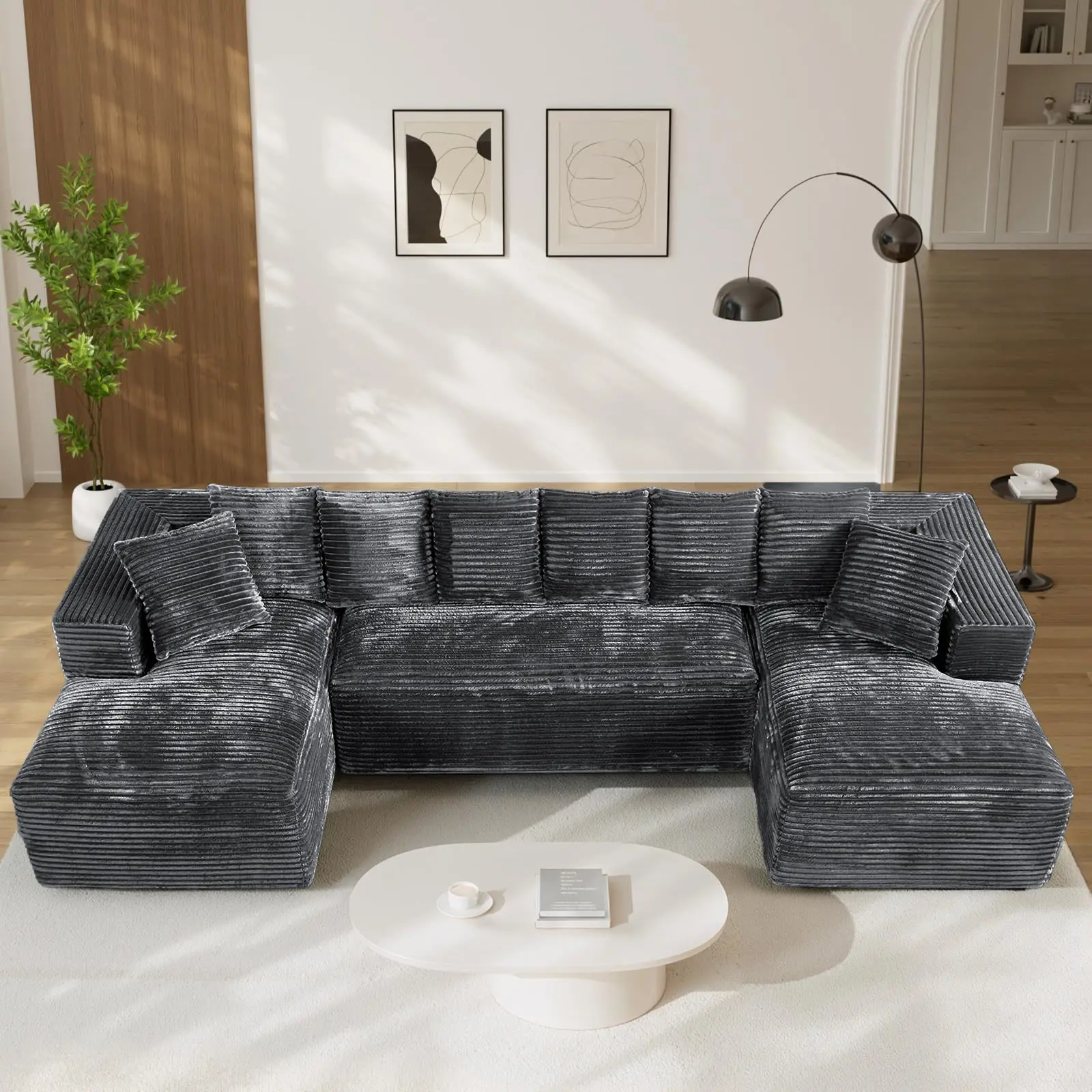 132-Inch U-Shaped Modular Reclining Cloud Sofa, No Assembly Required Deep Seat Corduroy Upholstered Sofa Couch, 3-Package Shipping, Blue Gray, Suitable for Living Room Bedroom, Corduroy Sofa