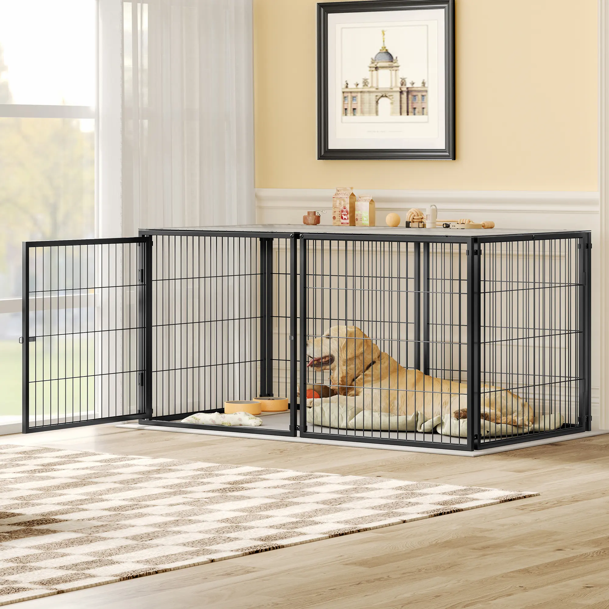 Large Dog Cage 63.7" Dog Kennel for Medium Dogs Puppy Dog Playpen with Top, Pet Cage, Indoor, Black.63.7"W x 34.2"D x 31.7"H. Crate Kennel Enclosure