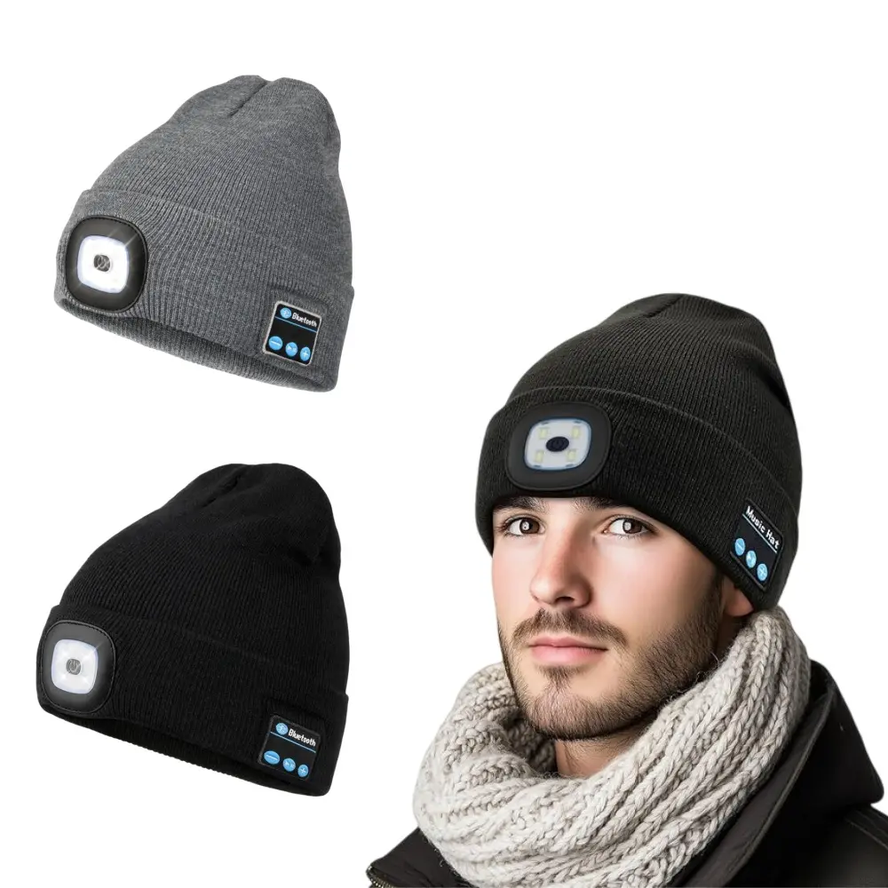 Bluetooth Beanie with Light, Rechargeable Wireless LED Music Cap, Warm Hat Unisex, Ideas Winter Gift for Special Occasions Like Christmas/Halloween/Birthdays Black