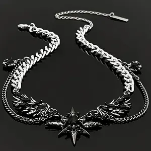 1Pc Stylish Set Wings Rhinesne Pendant - Men'S Titanium Steel Necklace In Silver, Hip Hop Street Style For Daily Wear And Party - Suitable For All Seasons. Black Layered Chains Stackable Clavicle Chain
