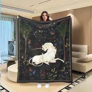 Vintage Medieval Unicorn Flannel Blanket, Soft Plush Fabric, Ideal for Bedroom & Sofa Use, Perfect Gift for Anniversaries & Holidays