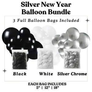 Silver New Year  Balloon Bundle - Black, White, Chrome Silver - Sizes 5"- 12"- 18" - Perfect for New Year Celebrations
