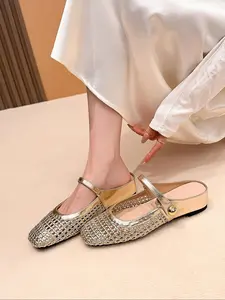 Women's Leopard Print Woven Hollow-Out Square Toe Casual Flats, PU Leather Upper, Rubber Sole, Medium Width, All-Seasons Fashion Footwear