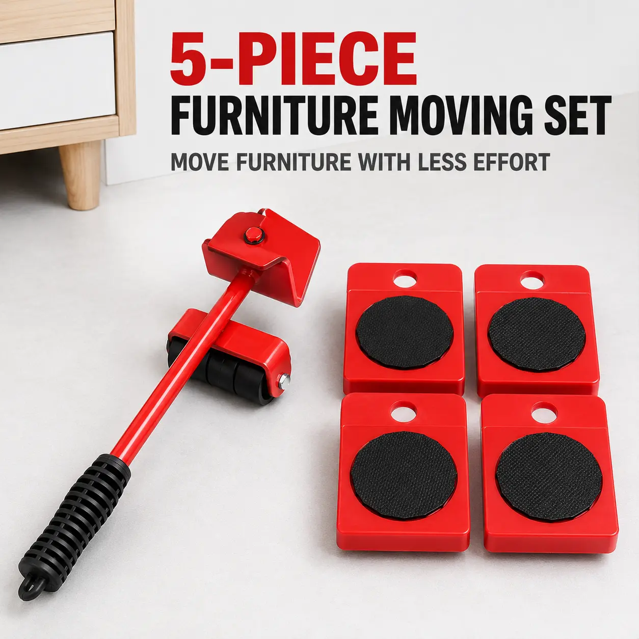5-Piece Furniture Mover Tool Set with Lifting Lever and 4 Roller Dollies, Non-Slip Furniture Moving Sliders for Beds, Sofas, Cabinets and Appliances, Home Moving, Cleaning and Rearranging Tool