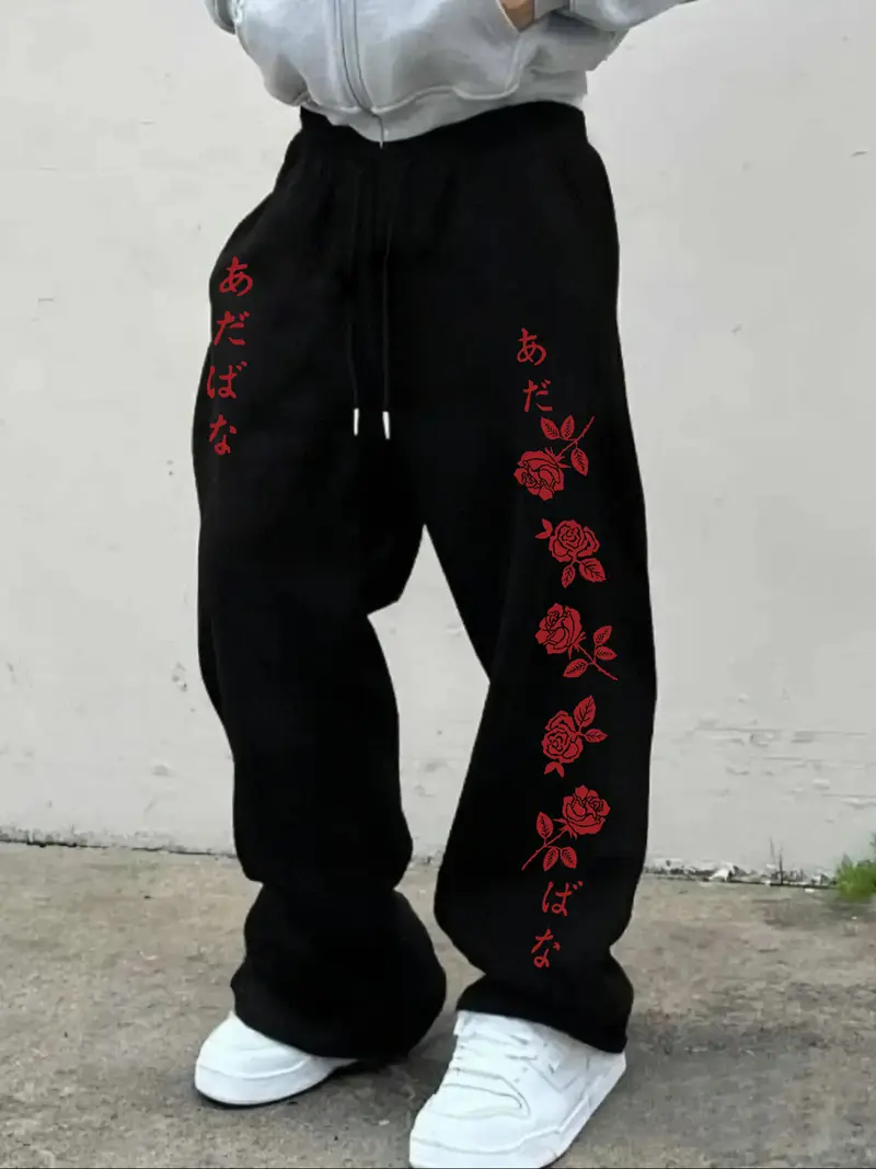 Men's Casual Sporty Long Pants, Rose Flower Pattern Print, Drawstring Wide Leg, Loose-Fitting, All Seasons Wear, Men's Fashion