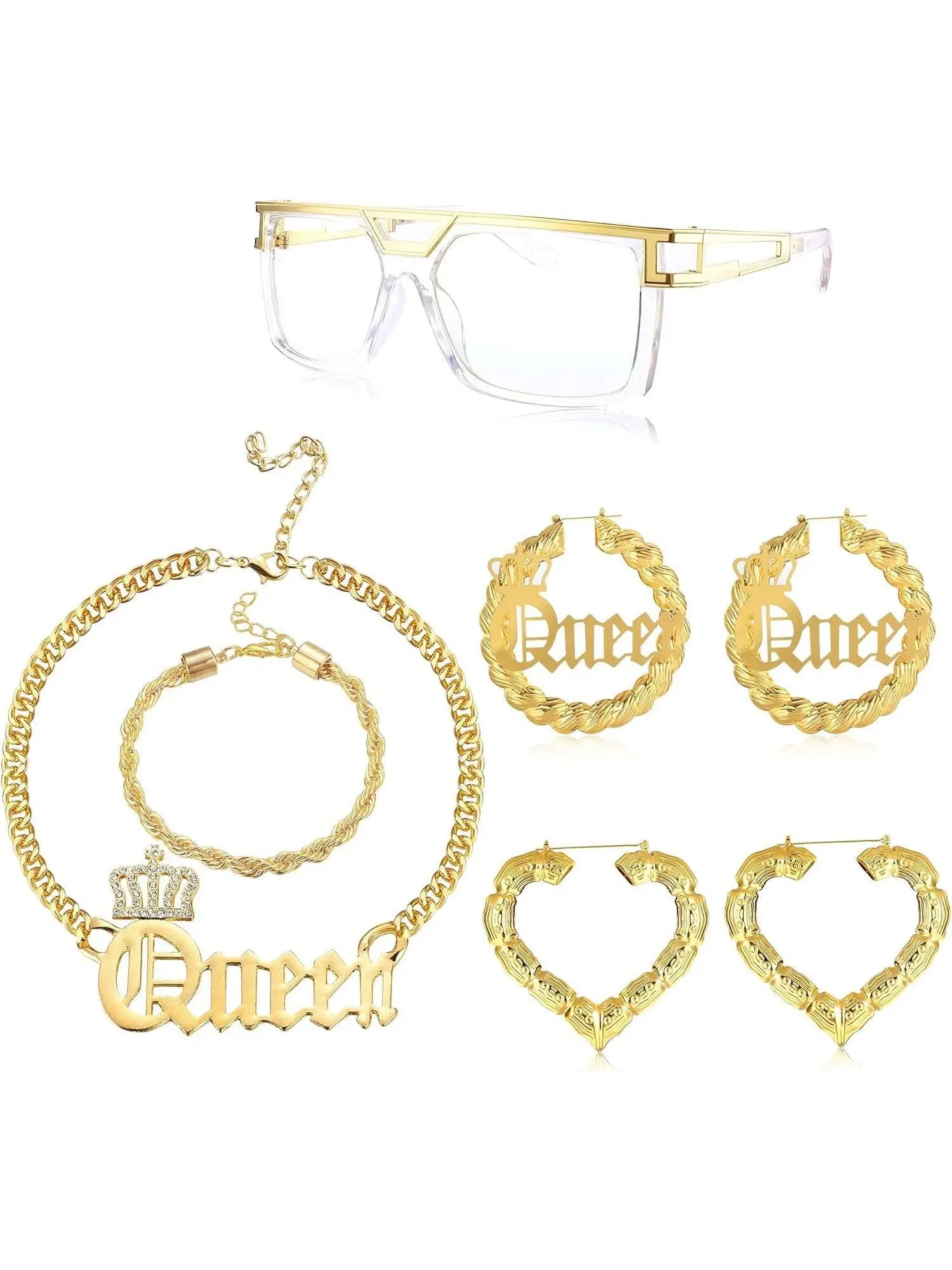 7 Pcs Golden Trendy Hip Hop Elegant Jewelry Set for Women Men 80s/90s Queen Costume Kit Sunglasses Bamboo Hoop Earrings Cuban Chain Necklace Bracelet Rapper DJ Accessories