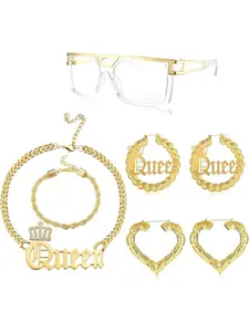 7 Pcs Golden Trendy Hip Hop Jewelry Set for Women Men 80s/90s Queen Costume Kit Sunglasses Bamboo Hoop Earrings Cuban Chain Necklace Bracelet Rapper DJ Accessories