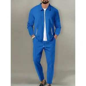Men's Casual 2-Piece Outfit, Solid Color Jacket & Drawstring Pants Set, Breathable Comfy Full Zip Jacket & Pants Set Clothes Fabric