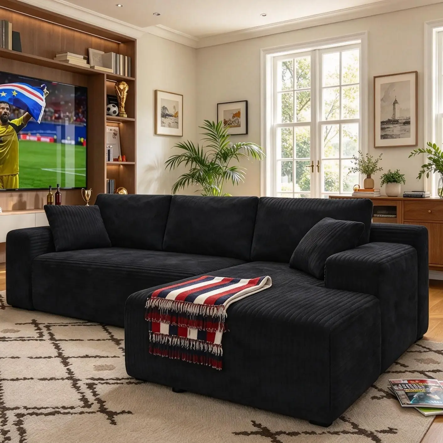Comfortable Large 96-Inch U-Shaped Memory Foam Sectional Sofa Cloud Couch, Oversized Modular Convertible Sleeper, Deep Seating Compressed Corduroy Fabric, Space-Saving Indoor Furniture