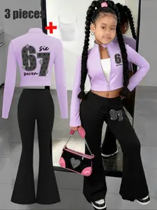 Three-piece set, Fashion clothes set, Girls' fashion coat with digital 67 and star pattern print + flared pants + camisole, comfortable and casual, perfect for street-style girls, does not include a bag, Cute Clothing Set