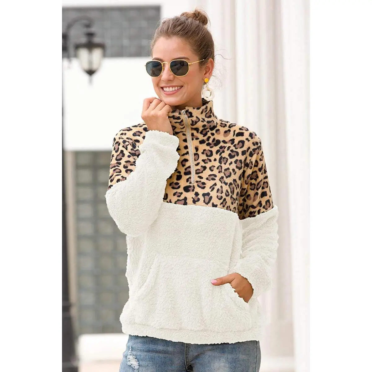 Two-Tone Zip-Up Turtle Neck Dropped Shoulder Sweatshirt