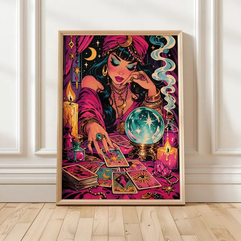 Artistic Fortune Teller Tarot Paper Poster Print - Mystical Witch Wall Decor with Crystal Ball, Psychic Illustration, Fade Resistant, Framing-Ready Home Decor for Tarot Reading Room, Kid Room Supplies, Home Supplies