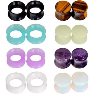 16 count Silicone and Stone Ear Plugs Tunnels Kit Ear Gauges Double Flare Solid Amethyst Ear Stretchers Set Multiple Stone with Silicone O-Ring  Jewelry for Women Men 2G-5/8"