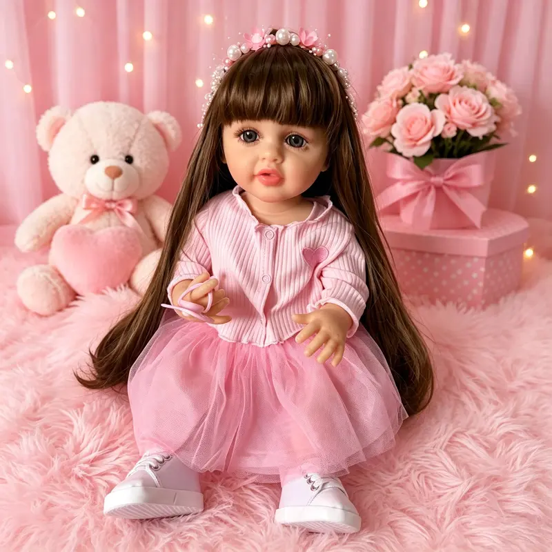 KEIUMI Realistic Full Body Silicone Casting Reborn Princess Doll - 22in/55cm Tall Gorgeous Doll, Light Brown Hair, Acrylic Eyes, Pink Heart Dress Set with Shoes & Accessories, Gift for Children Over 3 Years