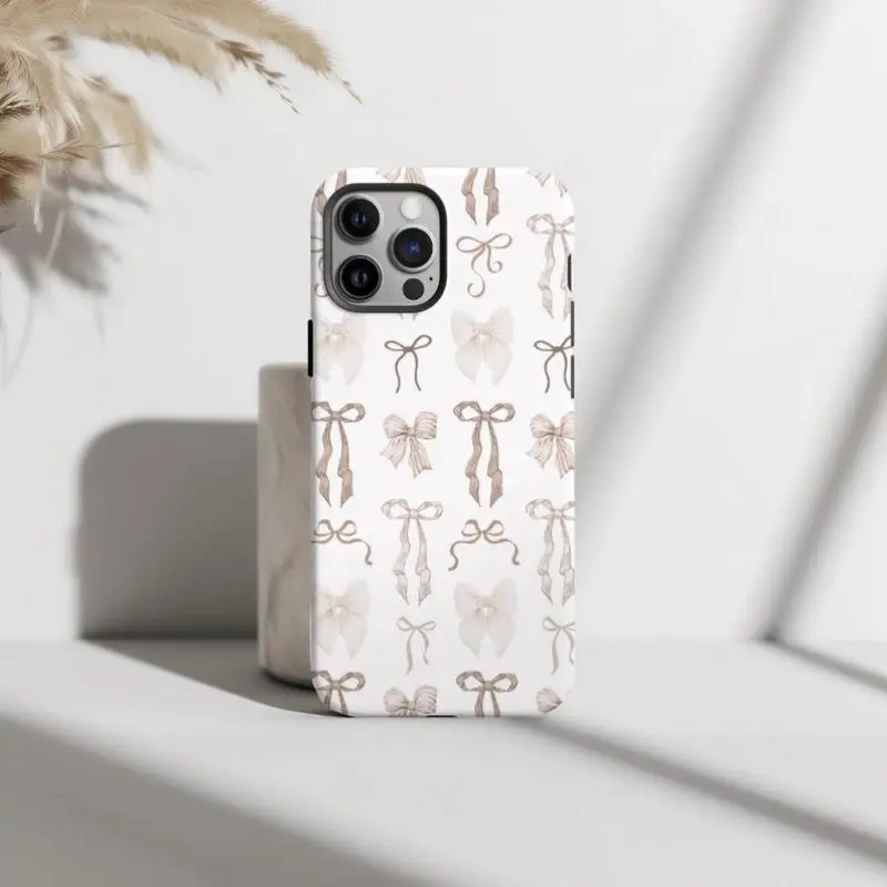 Light Brown Bow Pattern 2-in-1 Shockproof Smartphone Casing, Durable Shock Pad Soft-Touch Cover for iPhone 17,16,15,14,13,12,11 & Other Series, Gift-Ready Protective Mobile Phone Accessory