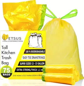 13 Gallon Biodegradable Trash Bags with Drawstrings, 75 Count Plant Based, Code Q Tall Compost Bags 50 Liter Bin - Green Garbage Liners - 1.3 mil Thick and Eco Friendly Trash Bags