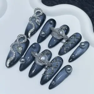 Press On Nails - Blue Designed Press On Nails, Press On Nails for Women Gifts, Glue On Nails 10Pcs Nail