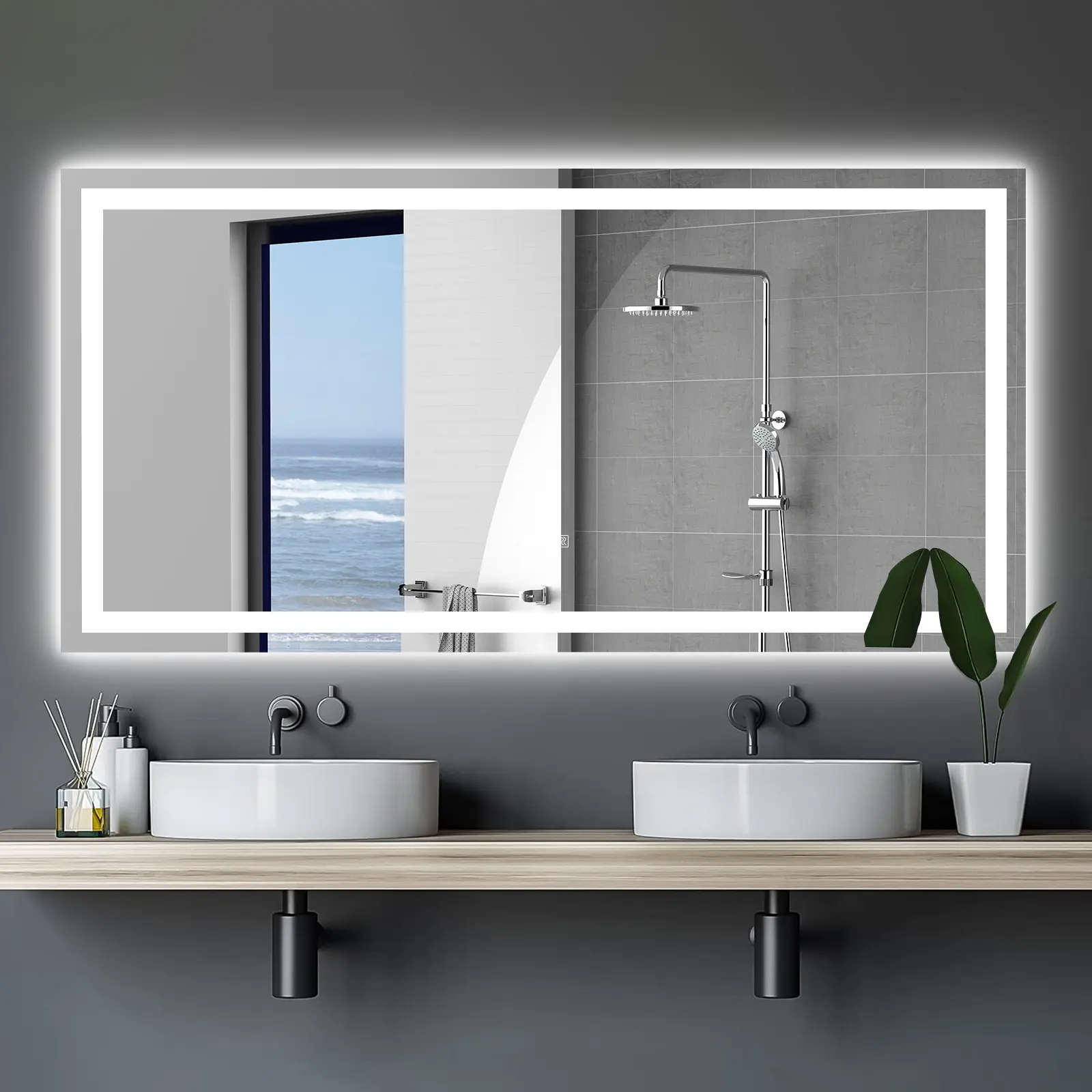 72 x 36 Inch Frameless LED Wall Mirror with Anti-Fog and Touch Dimming, Modern Lighted Bathroom Vanity Mirror for Grooming, Shower Room, Dressing Area