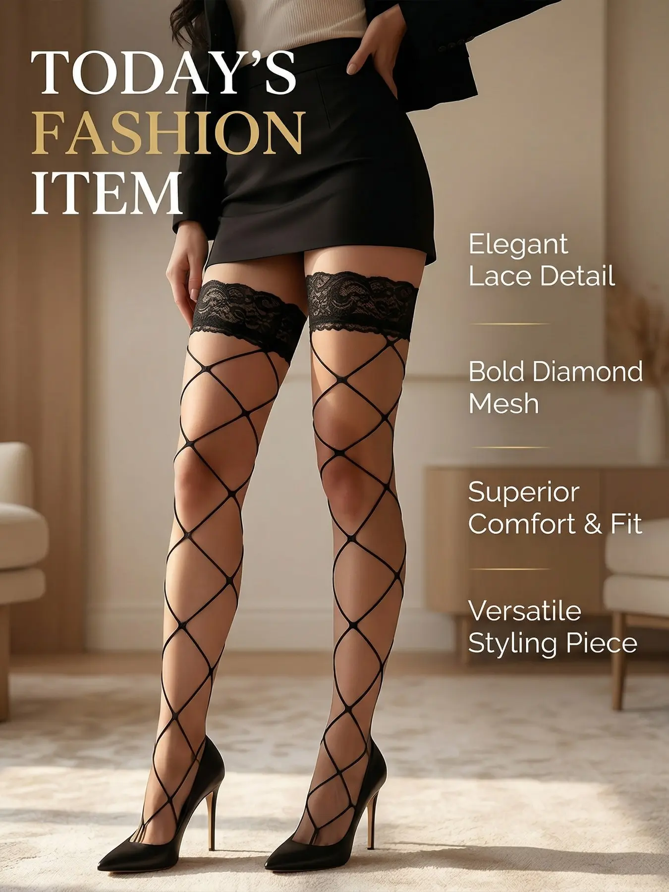 Sexy Lace Trim Over-The-Knee Fishnet Socks, Versatile Large Mesh Stockings, Women's Fashion Accessories, Comfortable and Stylish