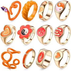 Sanfenly 12pcs Female Y2K Chunky Band Stacking Ring Set - Colorful Acrylic Resin Gold Cute Funky Statement Knuckle Rings, Aesthetic Costume Jewelry, Chunky Band Rings, Casual Wear
