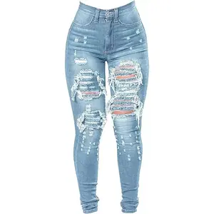 Women's High Waist Plus Size Destroyed Jeans Slim Skinny Ripped Trousers Stretch Denim Pants