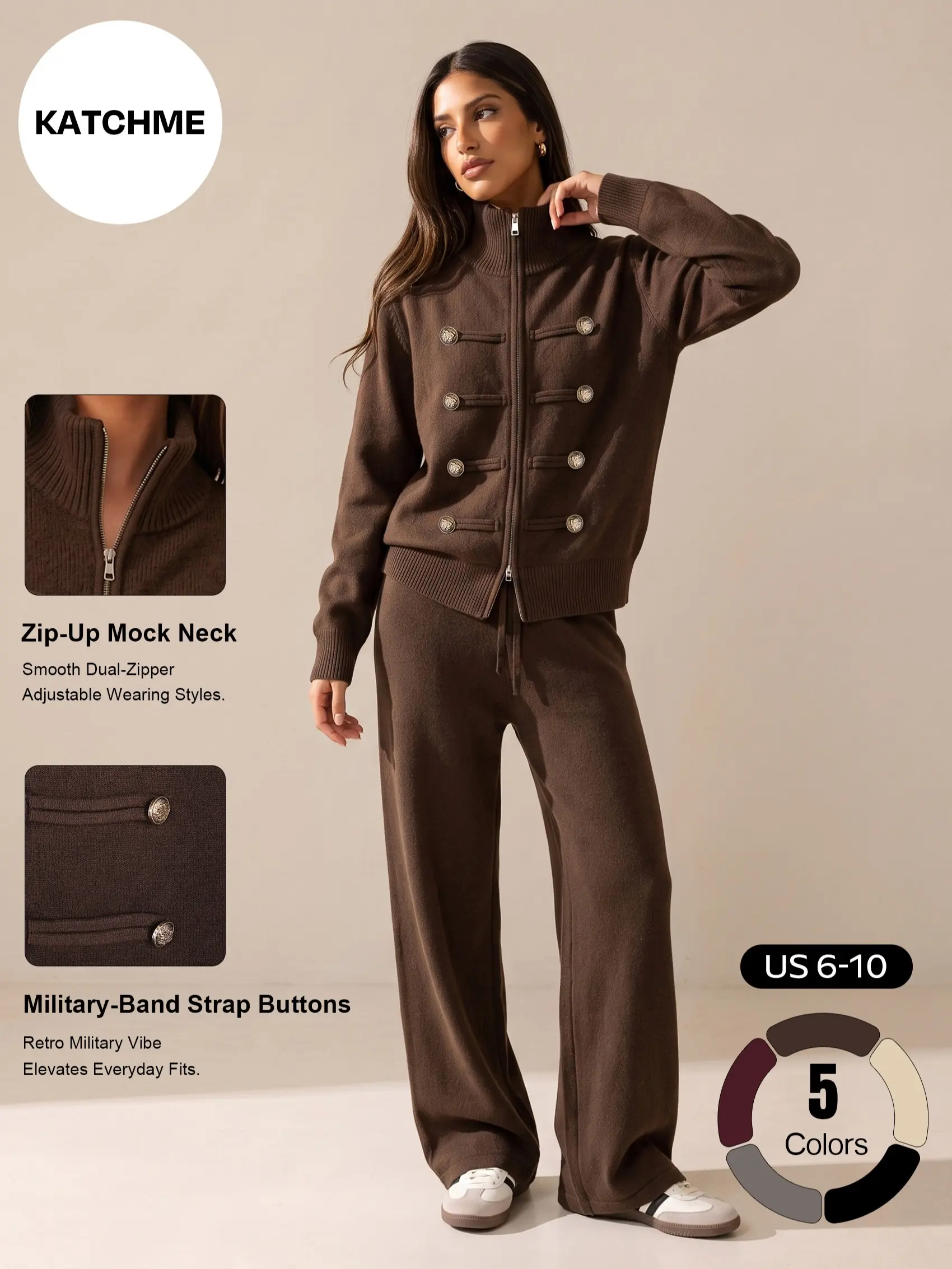 Katch Me Chic Women's Slouchy Double Zipper Knit Cardigan & Wide Leg Trousers Co-ord, Retro Napoleon Military Band Style Mock Neck Matching Set, Cozy Pill-Resistant Relaxed Sweater Two Piece Outfit #TikTokMadeMeBuyIt #SohoChic #ComfyOutfit