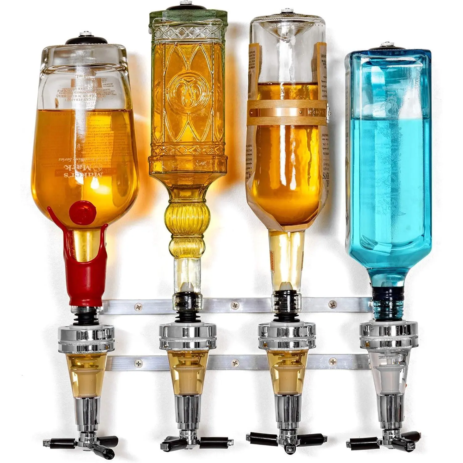Liquor Dispenser - 4-Bottle Drinks, Alcohol Station - Wall-Mounted Cocktail Tap, Push-Release Valves, Rubber Suction Cups, Home Bar, Man Cave, Bartender Accessories Utensils Silver