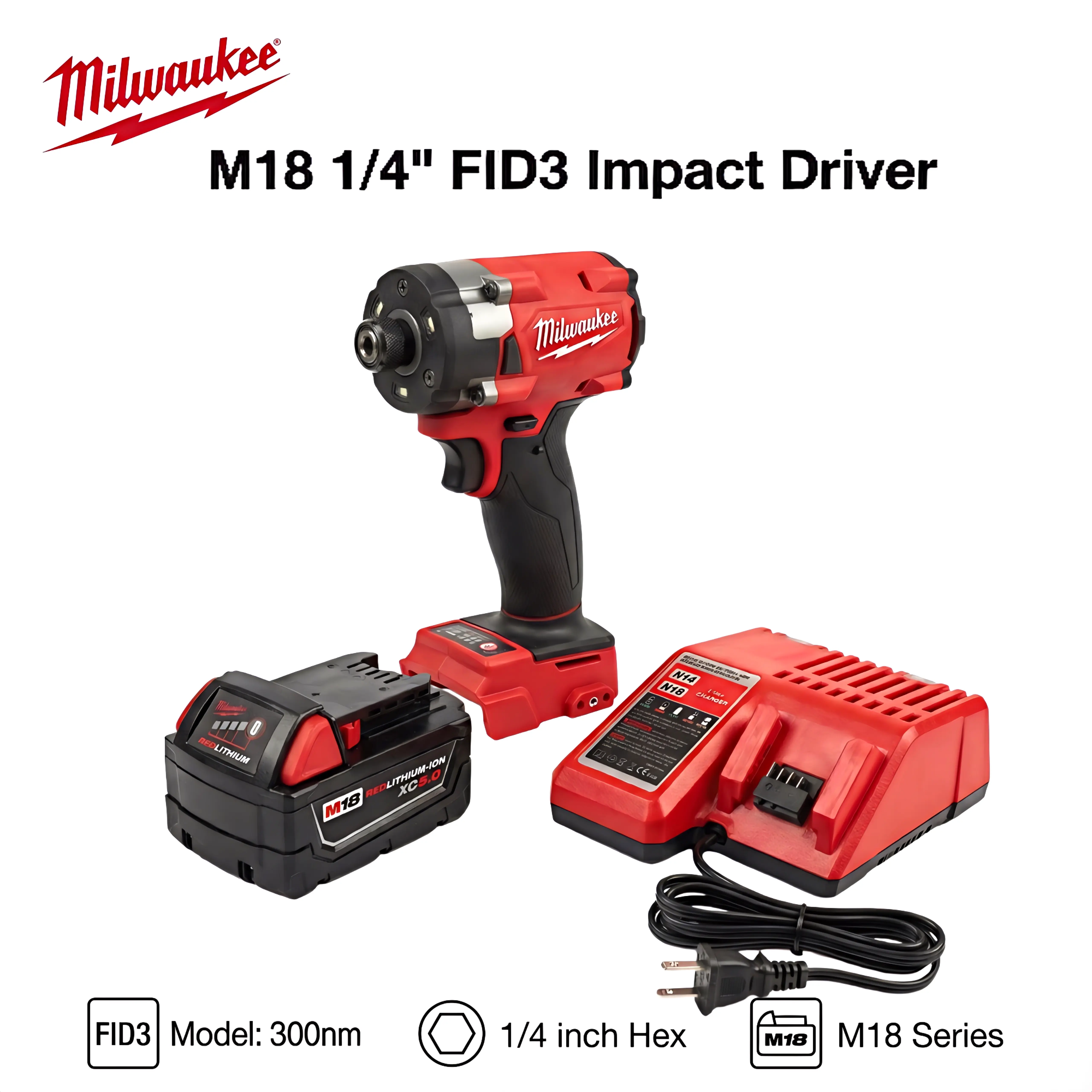 Milwaukee M18 FID3 18V Cordless Impact Driver,1/4 Inch Square Drive 300Nm Breakaway Torque，Lightweight Handheld Tool For Woodworking, Household Renovation  General Screw Fastening Operations power tool repair truck maintenance lug nut impact wrench speed