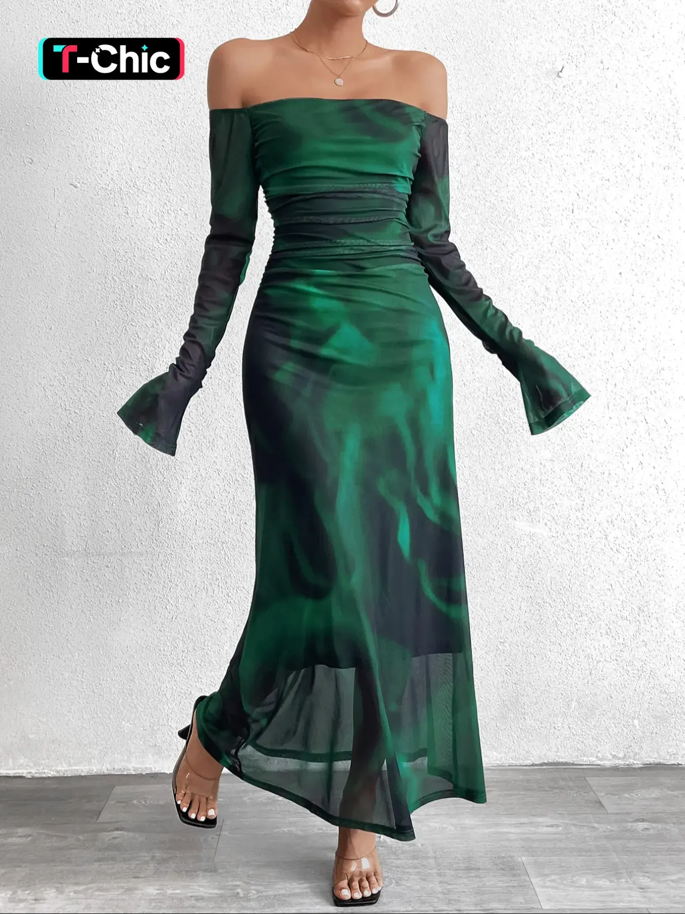 Parthea One-Shoulder Ruched Flare Sleeve Tie-Dye Mesh Dress, Summer Casual Chic Maxi Dress, Slim-Fitting Elegant Style for Daily Wear