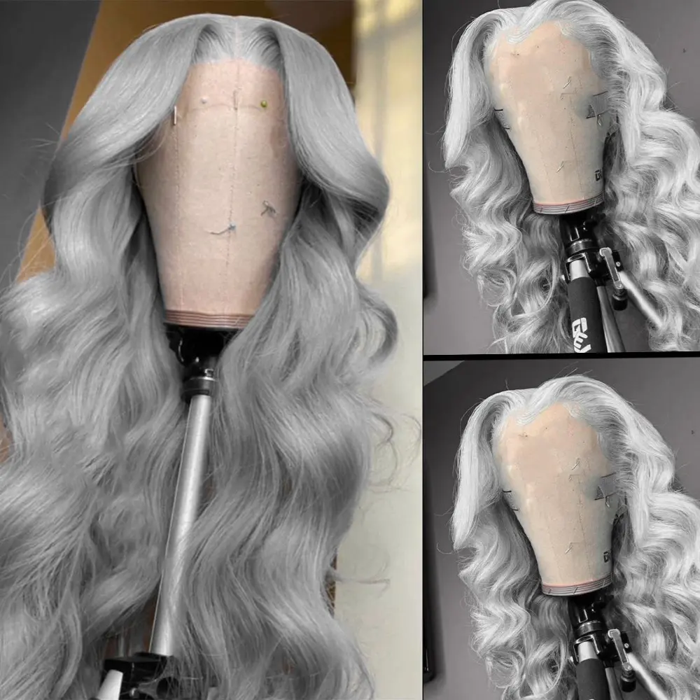 QD-Tizer 26in Grey Loose Body Wig, 13x5x1 Lace Front Synthetic Fiber Wig with Pre-Plucked Hairline, Light Glueless Frontal, Middle Part, Adjustable Straps, Washable, Easy Upkeep, Heat Resistant for Women’s Party/Daily Wear, Synthetic Fiber, Light