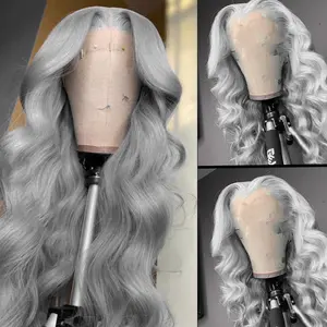 QD-Tizer 26 Inches Grey Color Long Loose Wave 13x5x1 Lace Front Wigs Synthetic Sliver Grey Glueless Frontal Lace Replacement Wig Middle Part Pre Plucked Hairline for Women Girls Party Daily Wear Heat Resistant Soft Fiber Wavy