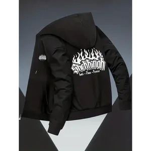 Bmuvlss Men's Black Gothic Flame Print Hooded Jacket with Greek Letter Logo-like Back Print - Slim-Fit Bomber Style Zipper Coat, Full-Zip Closure & Pockets for Casual & Formal Wear (Machine Washable) - Fall/Winter Outerwear