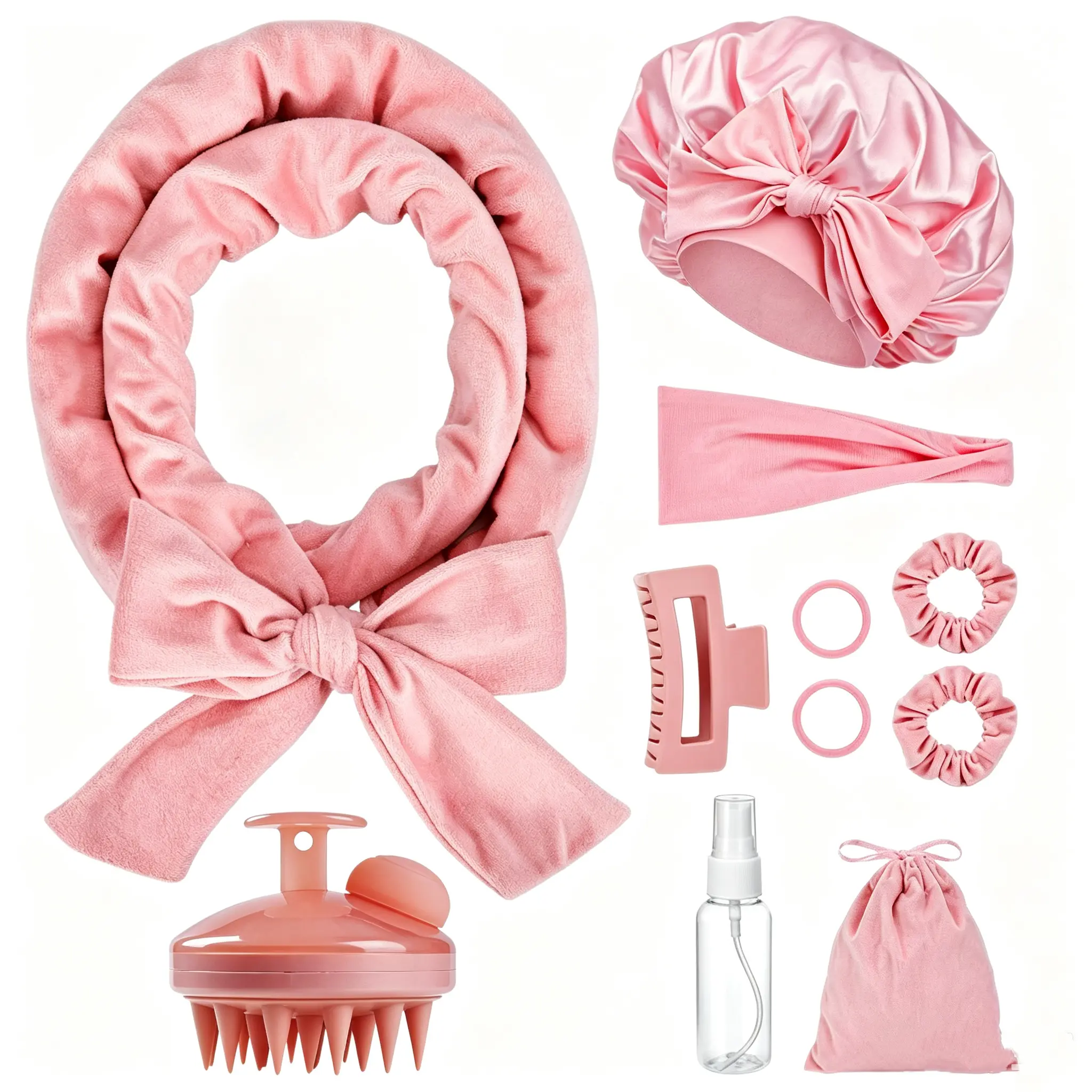 Heatless Curls Overnight No Heat Curling Rod Styling Kit With Satin Bonnet & Velvet Hair Curlers For Long Medium Hair, Matching Pink Silicone Scalp Shampoo Brush With Built-in Dispenser & Styling Spray, Full At-home Hair Curling & Scalp Care Set