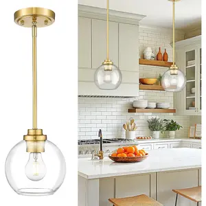 Modern Polished  Pendant Light, 7Inch Mid Cenrury Globe Hanging Light Fixture with Clear Glass for Kitchen  Dining Room Bedroom Hallway Foyer (1 Pack), PL101BG