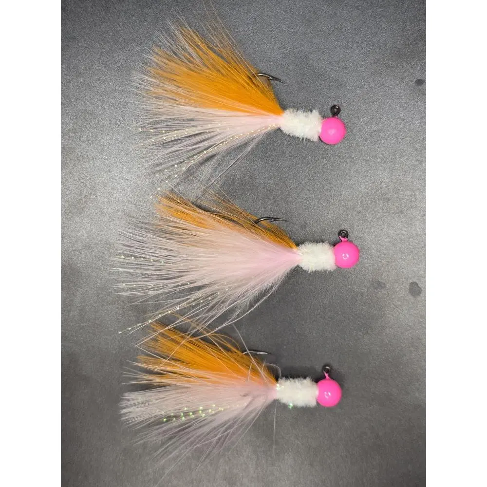 Orange Sickle Hot Pink Jig Head with White Pearly Body and Orange Pink Marabou Tail