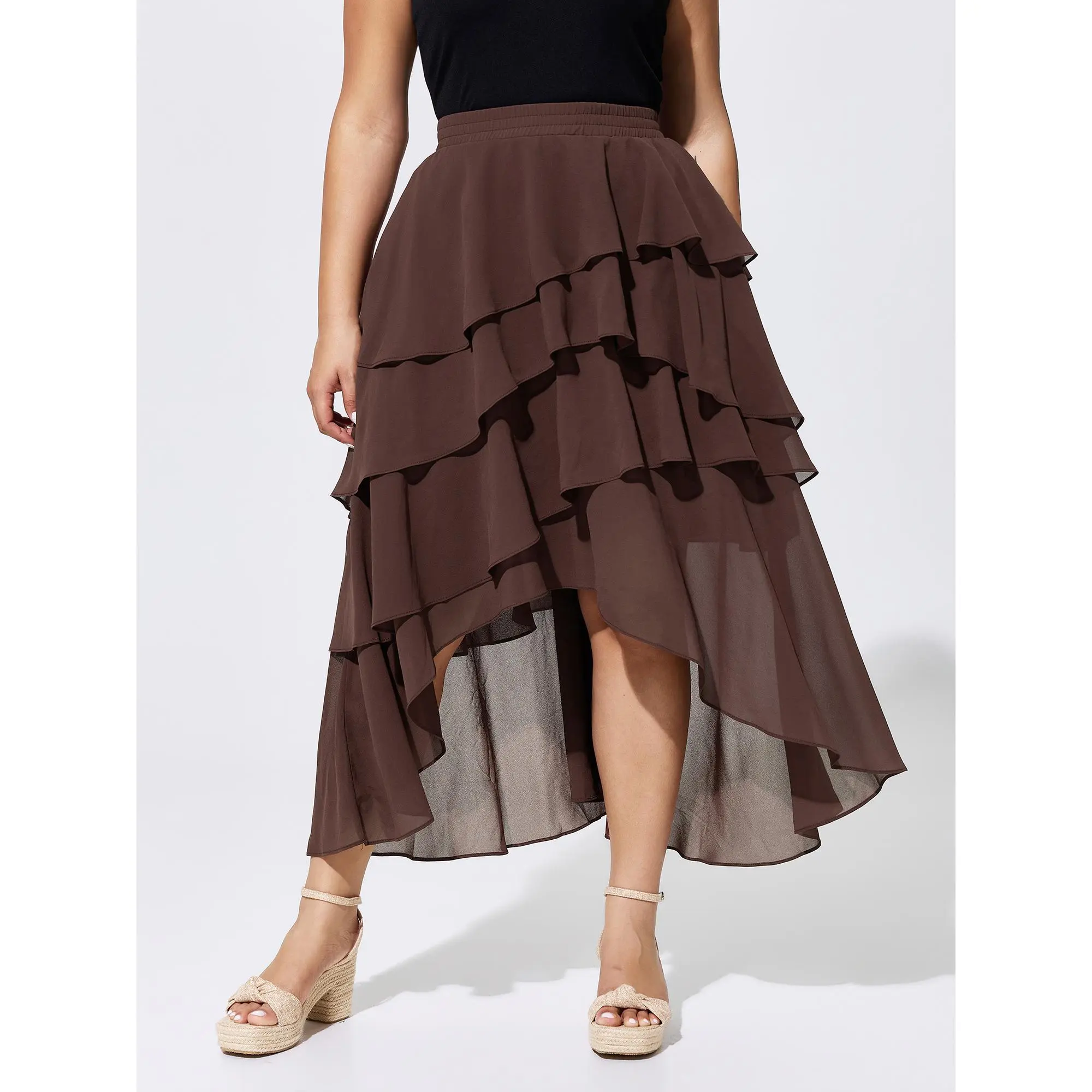 BLOOMCHIC Plus Size Ruffled Tiered Flowy Asymmetrical Maxi Skirt[M-6X] 2026  Polyester, Smooth,Summerfinds
