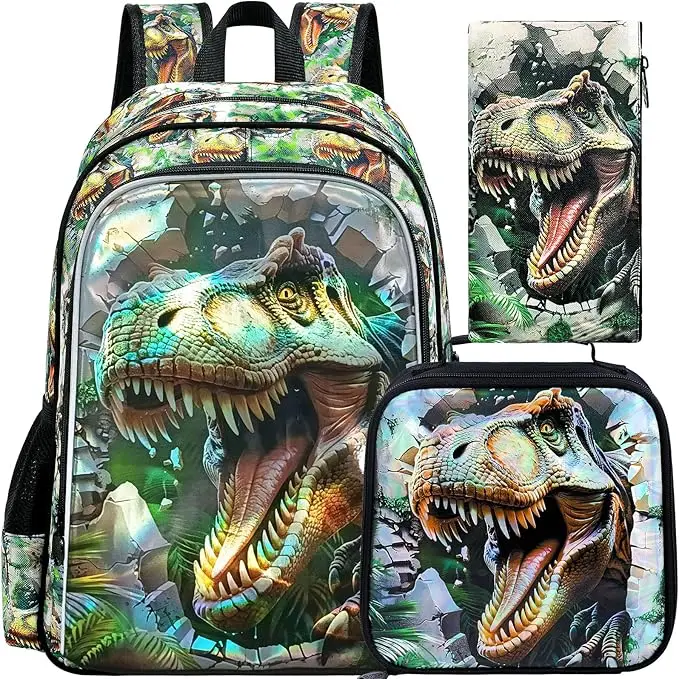 3PCS Boys Dino Khaki Backpack, Kids Bookbag with Lunch Box, Water Resistant School Bag for Elementary Preschool Toddler