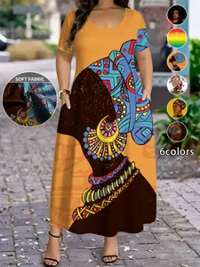 Plus Size Boho Portrait Print Dress, Short Sleeve Loose-Fit Long Dress, 6 Color Options, Casual Daily Wear, Comfortable and Stylish, Womenswear, Bohemian, Chic