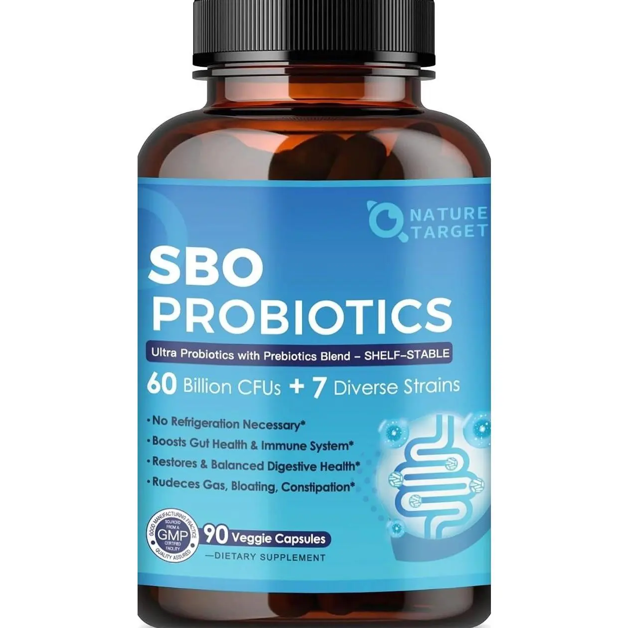 NATURE TARGET Probiotics for Women & Men, 60 Billion CFU, Prebiotics and Probiotic for Gut Health - SBO Probiotics Supports Digestive, Constipation, Diarrhea, Gas & Bloating, 90 Veggie Capsules