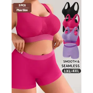 3 Sets Plus Size Simple Underwear panty lingerie Set, Women's Solid Hollow Out Seamless Tank Bra & Boyshorts Underwear Set