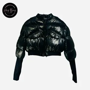 In And Out Puffer Coat Black Ribbed Sleeve Long Sleeve with Cut Out Thumbs Thick Lining Padding Cold Weather Jacket - Womenswear
