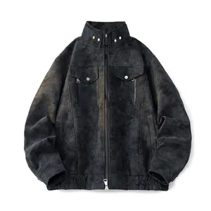 Men’s American trendy stand-collar zip-up pilot jacket streetwear coat with pockets and zipper closure for a stylish look