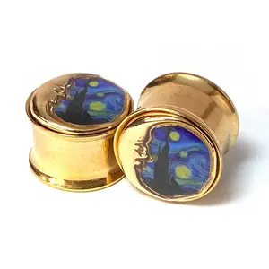 PAIR Starry Night w/ Moon Gold PVD Double Flare Tunnels Ear Plug Gauges Jewelry