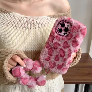 Plush Leopard Print Phone Case with Stand Holder Strap Lanyard, Compatible with iPhone 11–17 Pro Max, Stylish Durable Protective Cover
