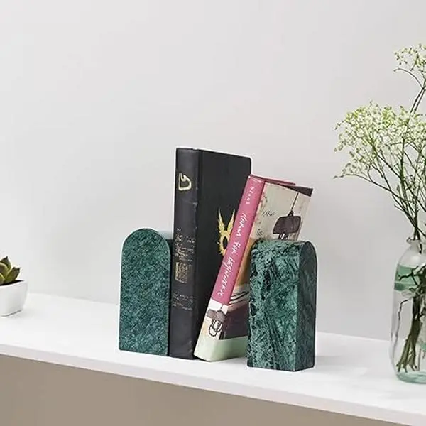 Koville Indian Natural Marble Bookends for Shelves, Decorative Book Ends, 7lbs Heavy-Duty Marble Book Holders, Bookshelf Apartment Decor for Normal BooksCDVideo Games(Indian Green)