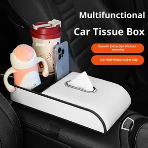 Premium Leather Car Armrest Storage Organizer with Thickened Cup Holder & Tissue Box Multifunctional Smooth Extraction for Phone & Water Cup